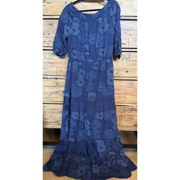 Shoshanna Midnight Dress Womens 8 Navy Blue Maxi Floral Embroidered Off Shoulder - Picture 1 of 8